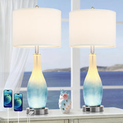26in Tall Glass Table Lamps Set of 2 with USB Ports & LED Nightlight