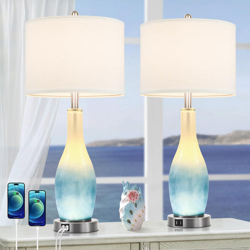 26in Tall Glass Table Lamps Set of 2 with USB Ports & LED Nightlight