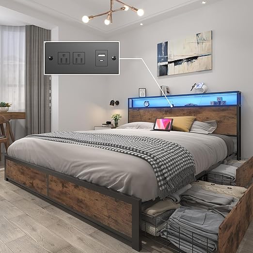 Metal Platform Bed Frame with Storage Headboard, Drawers & LED