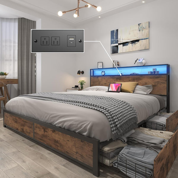 Metal Platform Bed Frame with Storage Headboard, Drawers & LED