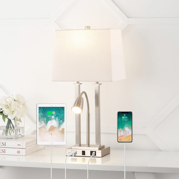 2-Light Modern Farmhouse LED Table Lamp with USB and Reading Light