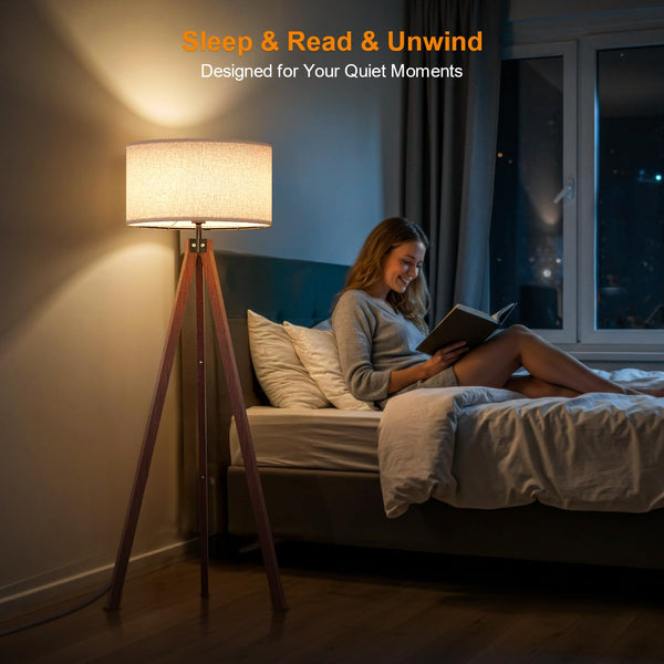 Wood Tripod Floor Lamp with Linen Shade
