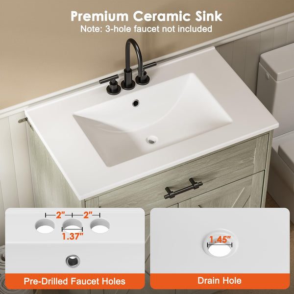 30-Inch Farmhouse Bathroom Vanity with Ceramic Sink