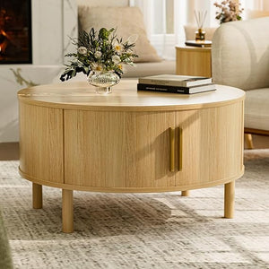 Oval Coffee Table with Sliding Door Cabinets