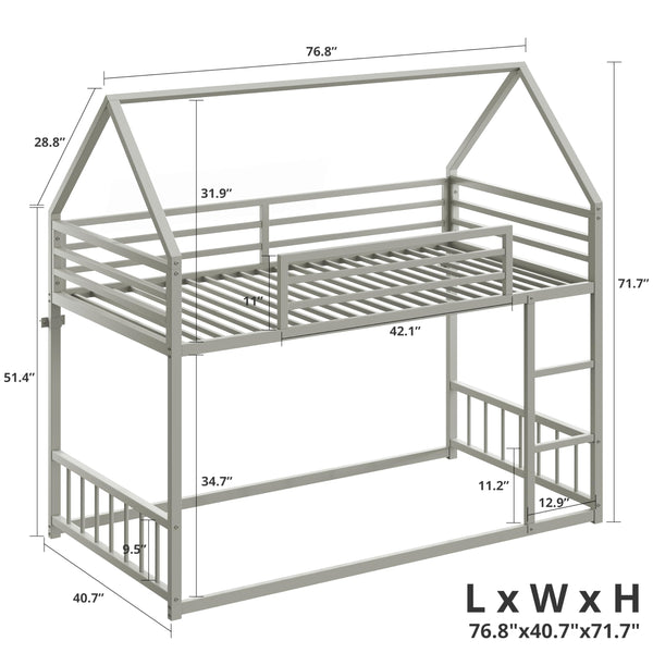 Twin Over Twin House Bunk Bed with Ladder & Guardrail