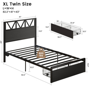 Twin XL Storage Bed Frame with LED Lights & Charging Station