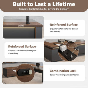 L-Shaped Executive Desk with LED Accent Light, Locking Drawers & 3-in-1 Charging Station
