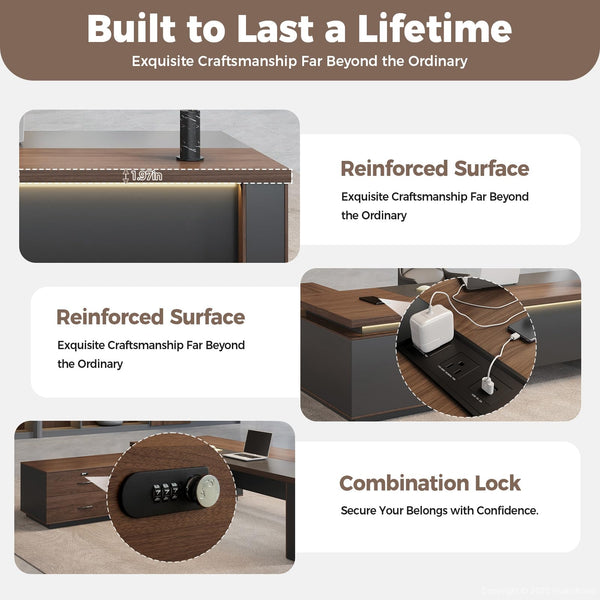L-Shaped Executive Desk with LED Accent Light, Locking Drawers & 3-in-1 Charging Station