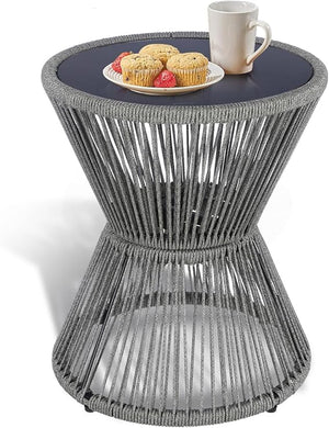 Woven Rope Outdoor Side Table with Tempered Glass Top