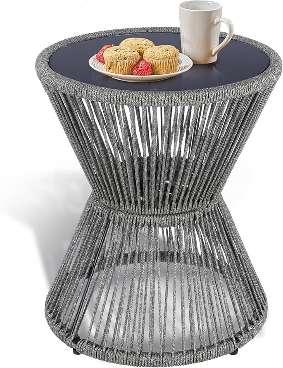 Woven Rope Outdoor Side Table with Tempered Glass Top