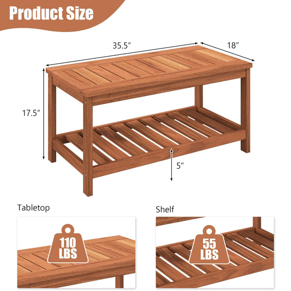 2-Tier Solid Wood Outdoor Coffee Table with Storage Shelf