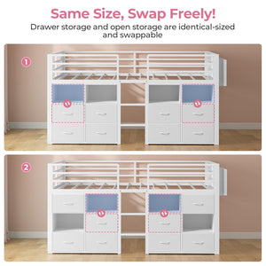 Low Loft Bed Twin with Storage Drawers, Bookcase & LED Lights