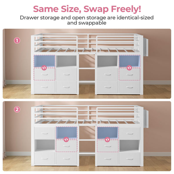 Low Loft Bed Twin with Storage Drawers, Bookcase & LED Lights