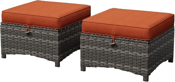 Outdoor Wicker Patio Ottomans Set of 2 with Cushion