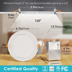 6 Inch LED Recessed Ceiling Light 24 Pack 5CCT Dimmable Canless Downlight