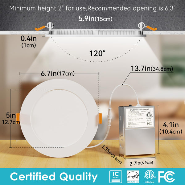 6 Inch LED Recessed Ceiling Light 24 Pack 5CCT Dimmable Canless Downlight