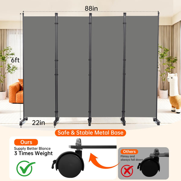 4-Panel Foldable Room Divider with Wheels