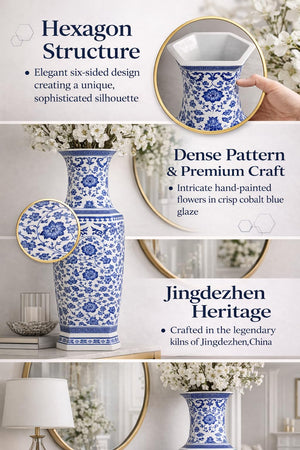 Large Hexagonal Blue and White Porcelain Lotus Vase