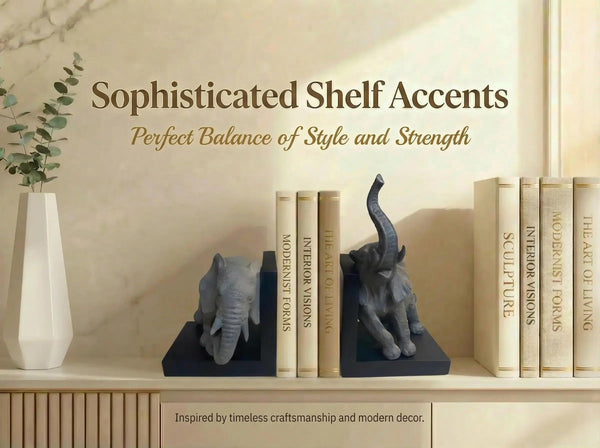 Elephant Bookends – Gray & Black Resin Duo