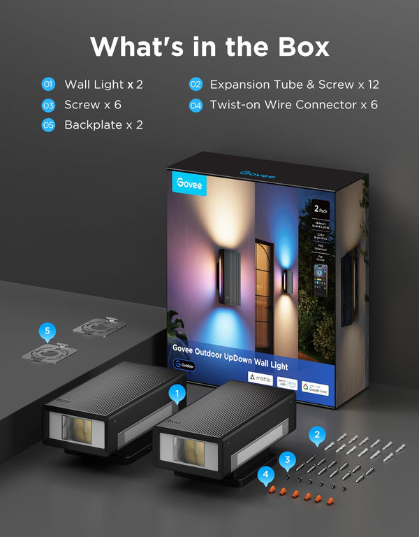 Outdoor Smart Wall Light RGBICWW Up Down Porch Sconce IP66 Waterproof