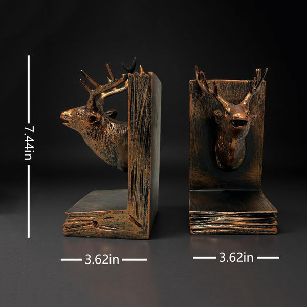 Deer Head Bookends Set – Antique Bronze Resin, Woodland Decor
