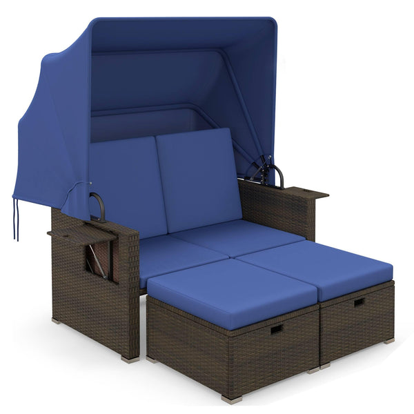 Outdoor Rattan Daybed with Retractable Canopy & Adjustable Backrests