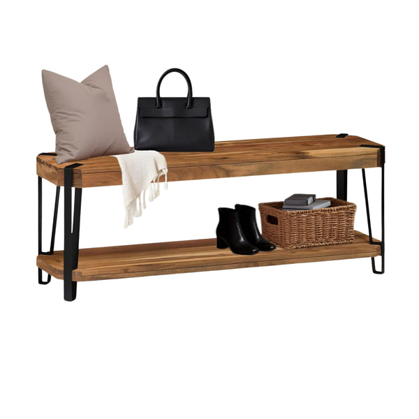 48" Live Edge Acacia Wood Bench with Bottom Shelf