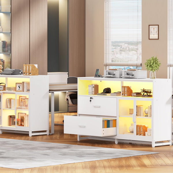 59" File Cabinet with 2 Lockable Drawers, Power Outlets & LED Lights