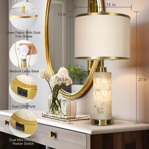 Alabaster Table Lamps Set of 2 with USB Ports, Night Light & Linen Shade