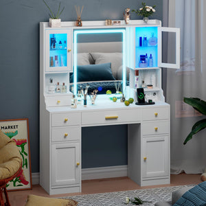 LED Vanity Desk with Mirror, RGB Cabinets & Charging Station