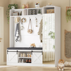 Hall Tree with Bench, Shoe Storage, Coat Rack & Mirror