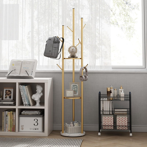 Gold Metal Coat Rack with Shelves & Marble Base
