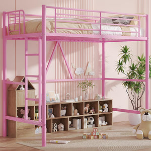 Twin Size Metal Loft Bed with Ladder & Guardrail