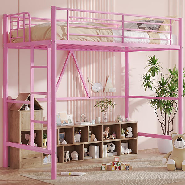Twin Size Metal Loft Bed with Ladder & Guardrail