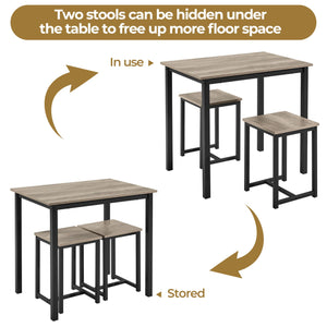 3-Piece Industrial Dining Table Set with 2 Stools