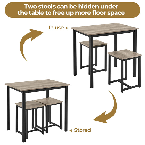 3-Piece Industrial Dining Table Set with 2 Stools
