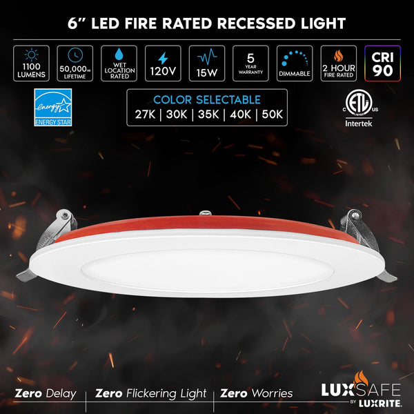6 Inch Fire Rated LED Recessed Lights 12-Pack, 5CCT Selectable, Dimmable, IC Rated, Wet Rated