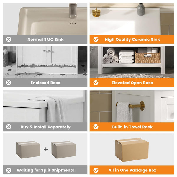 30-Inch Bathroom Vanity with Sink, Towel Holder & 3 Drawers – White