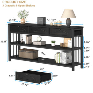 55-Inch Console Table with 3 Drawers and Open Shelves