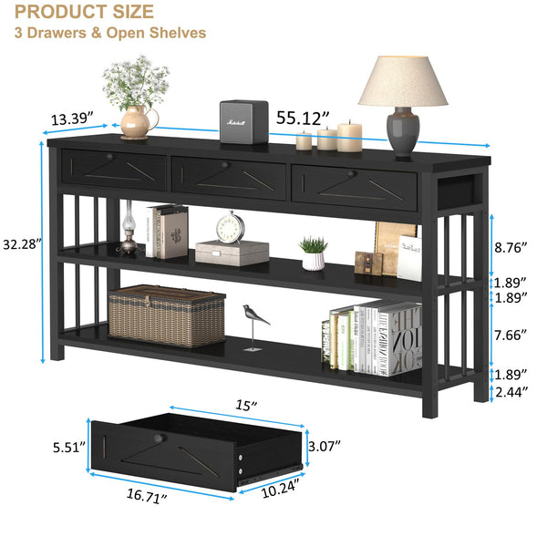 55-Inch Console Table with 3 Drawers and Open Shelves