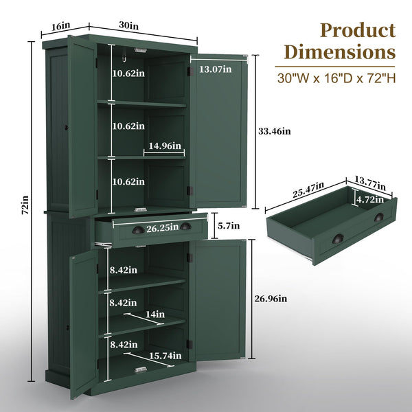 72" Tall Kitchen Pantry Cabinet with Drawer & Adjustable Shelves