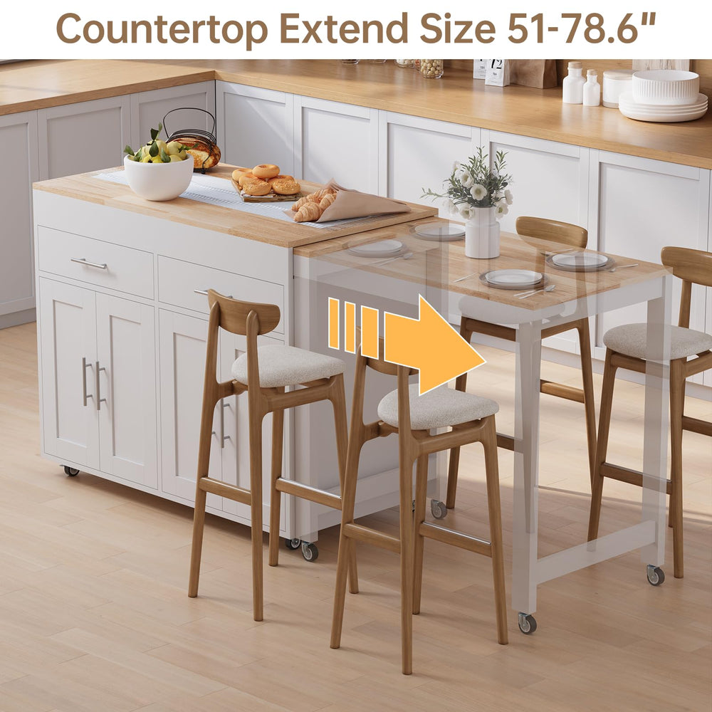 OtterOasis 78" Rolling Kitchen Island with Extendable Dining Table, Mobile Island with Storage for 2, Farmhouse Wood 4-Door Cabinet for Kitchen & Dining Room, White