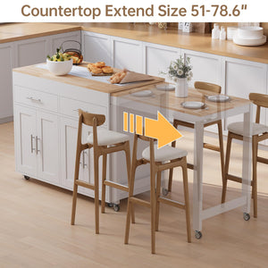 OtterOasis 78" Rolling Kitchen Island with Extendable Dining Table, Mobile Island with Storage for 2, Farmhouse Wood 4-Door Cabinet for Kitchen & Dining Room, White