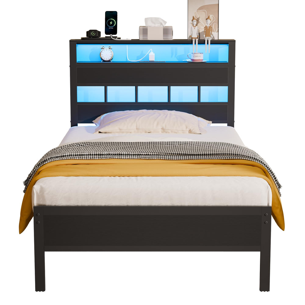 Platform Bed Frame with LED Lights & Charging Station