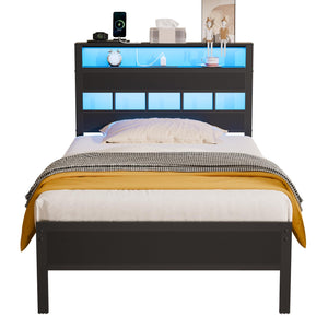 Platform Bed Frame with LED Lights & Charging Station