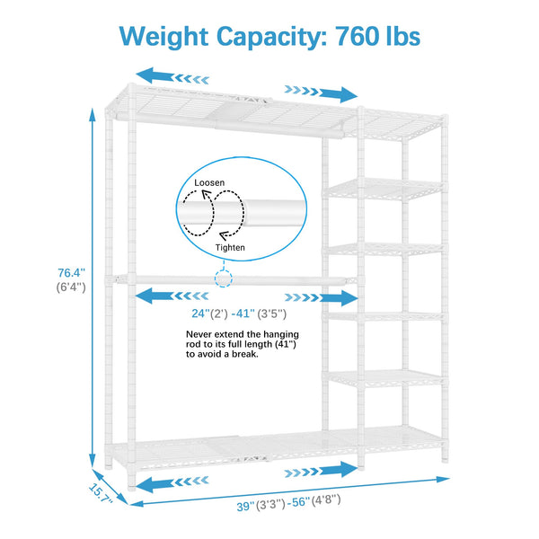 Expandable Freestanding Closet Rack with Shelves and Hanging Rods