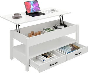 Lift Top Coffee Table with 2 Drawers and Open Shelf