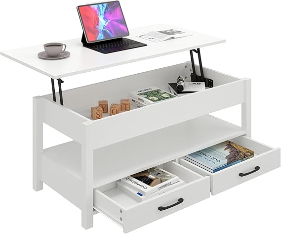 Lift Top Coffee Table with 2 Drawers and Open Shelf