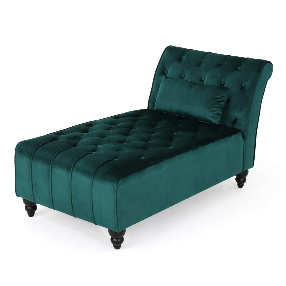 Tufted Velvet Chaise Lounge with Scrolled Backrest – Dark Teal