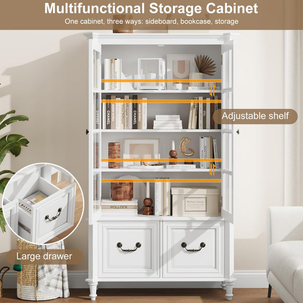 63" Tall Bookshelf with Glass Doors & Drawers